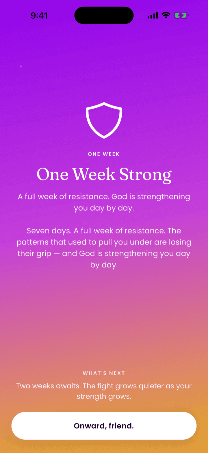 A milestone screen reading “One Week Strong — a full week of resistance.”