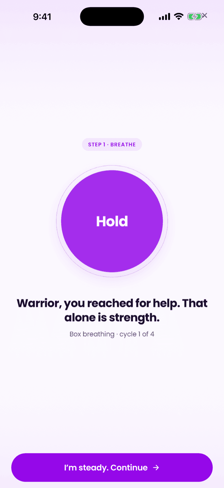 The SOS breathing step, showing a large “Hold” circle and the words “Warrior, you reached for help. That alone is strength.”