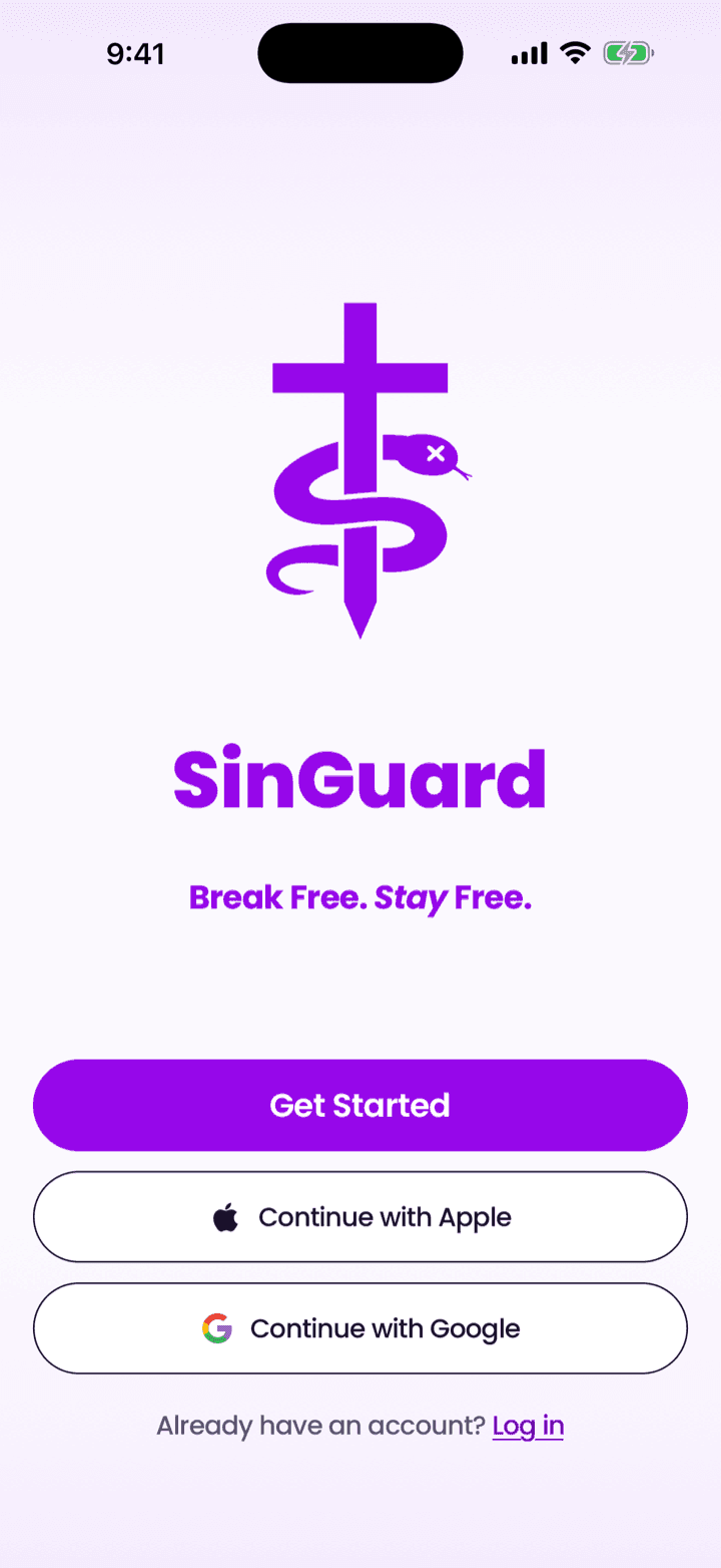 The SinGuard welcome screen, with the sword-and-cross mark and the tagline “Break Free. Stay Free.”
